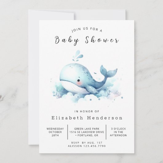 Graceful Editable Whale Baby shower Kaart (Voorkant)