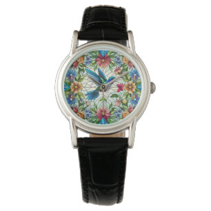 Graceful Hummingbird met Glas in lood Effect Horloge