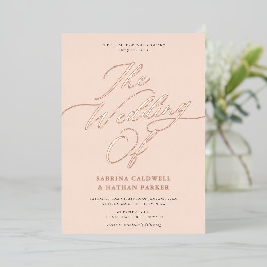 Graceful Modern Script Weddenschap Blush Roos Gold Folie Uitnodiging (Staand Voorkant)