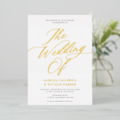 Graceful Modern Script Weddenschap White Gold Folie Uitnodiging (Staand Voorkant)