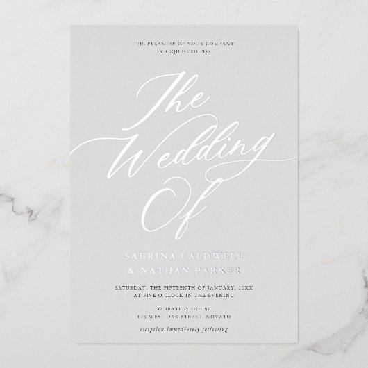 Graceful Modern Script Wedding Gray Silver Folie Uitnodiging (Voorkant)