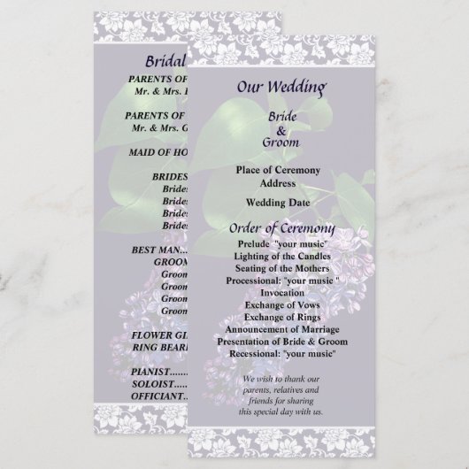 Graceful Paarse Lilacs Wedding Programme Programma (Voorkant / Achterkant)