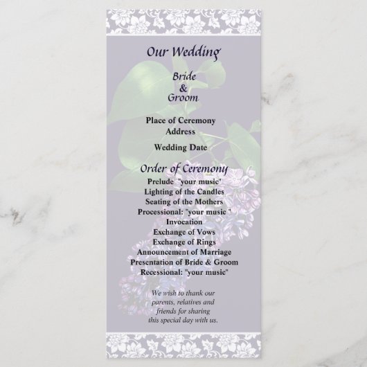 Graceful Paarse Lilacs Wedding Programme Programma (Voorkant)