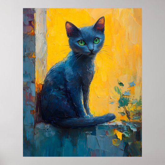 Graceful Russian Blue Cat – Sunset Balcony Moment Poster (Voorkant)