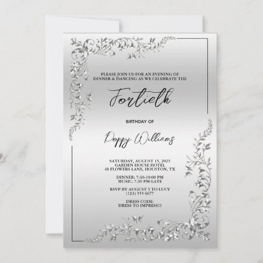 Graceful Stijlvolle Zilveren Decoratie Verjaardags Kaart (Voorkant)