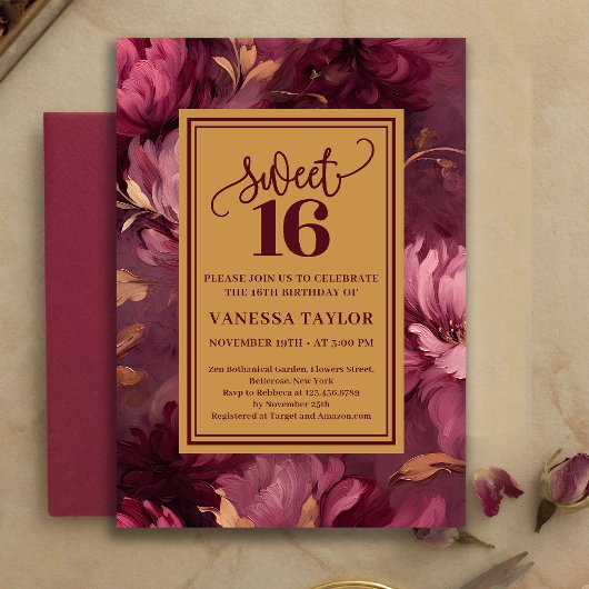 Graceful Sweet 16 Merlot Blush Gold Invitation