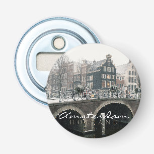 Gracht in Amsterdam in de winter Button Flesopener