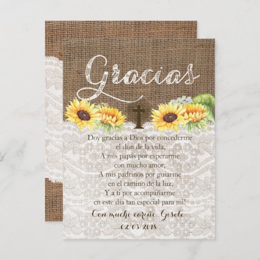 Gracias Baptisme Gebed Dank u kaart in het Spaans (Voorkant / Achterkant)