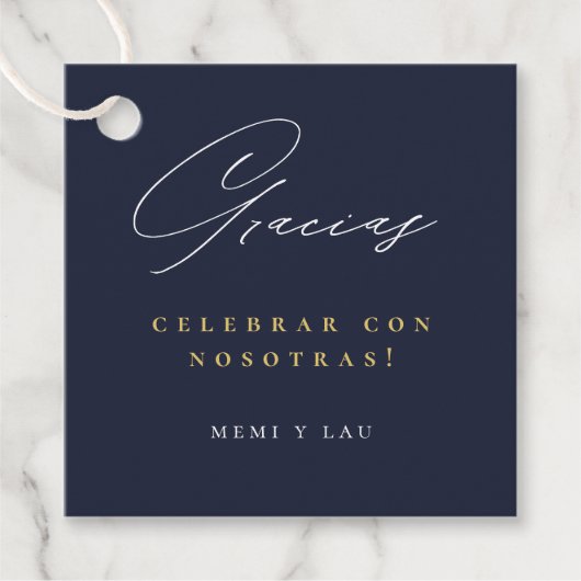 Gracias Modern Script Navy Blue Bedankjes Labels (Voorkant)