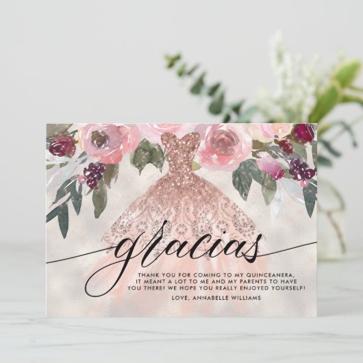 Gracias Roos Goud Glitter Bloemen Quinceañera Bedankkaart (Staand voorkant)