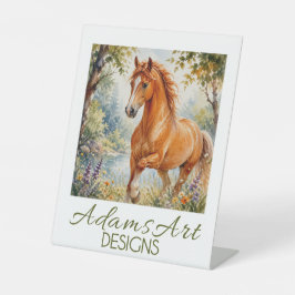 Gracieus kastanjebruin paard bij rivier Aquarel Reclamebord Met Voetstuk