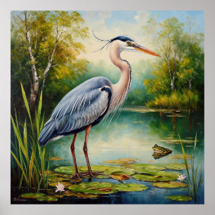 Gracieuze reiger in een serene vijver te midden va poster
