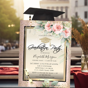 Grad Cap,Wijn Glas,Bloemen Roze Goud Afstuderen Kaart