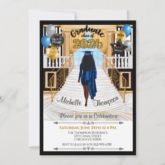 Grad Invitation Afro-Américaine Blue Gown (Devant)