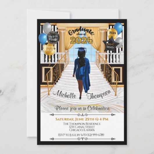 Grad Invitation Afro-Américaine Blue Gown (Devant)