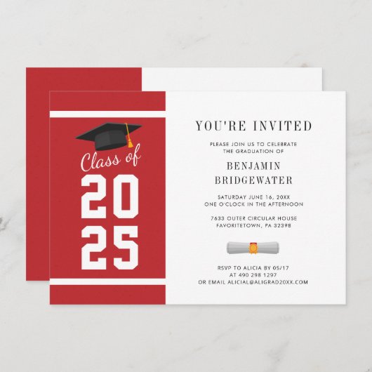 Grad Red White Graduation 2025 Invitation (Devant / Derrière)