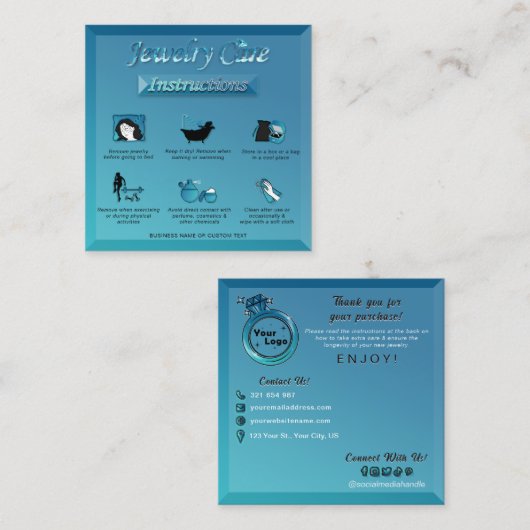 Gradiënt Blauwgroen Blauw Elegant Diamant Sieraden Vierkante Visitekaartje (Voorkant / Achterkant)