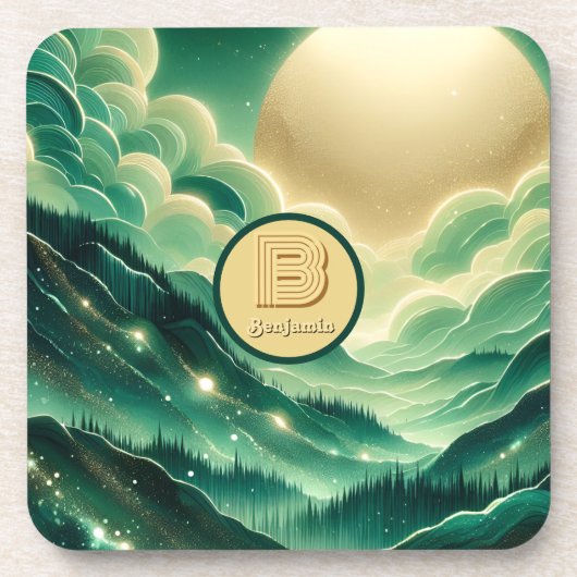 Gradient Emerald Kelly Green Glitter Monogram Bier Onderzetter (Voorkant)