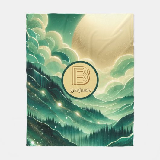 Gradient Emerald Kelly Green Glitter Monogram Fleece Deken (Voorkant)