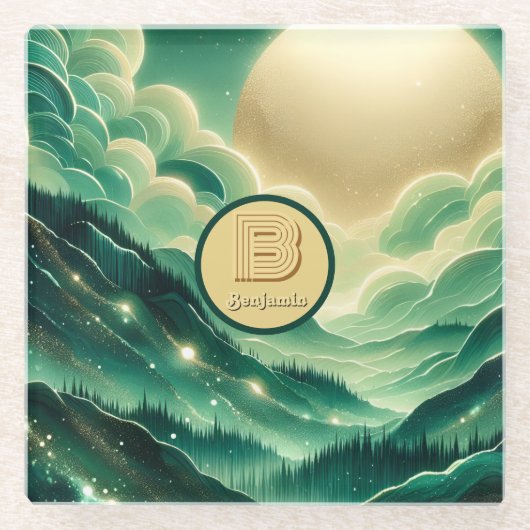 Gradient Emerald Kelly Green Glitter Monogram Glazen Onderzetter (Voorkant)