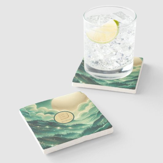 Gradient Emerald Kelly Green Glitter Monogram Stenen Onderzetter (Zijkant)