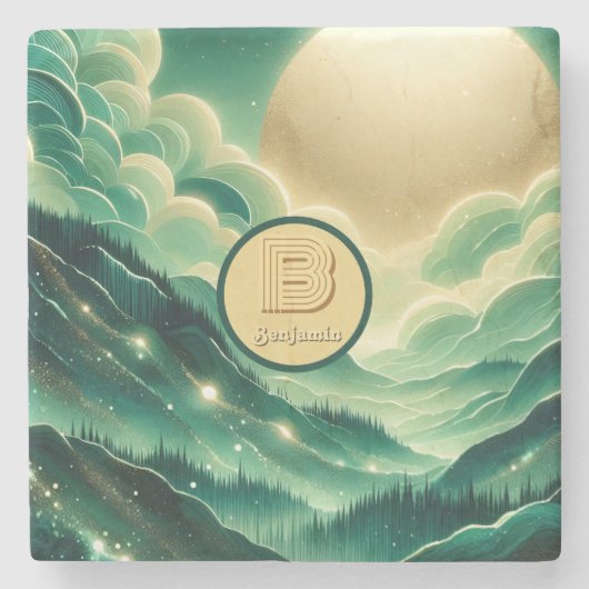 Gradient Emerald Kelly Green Glitter Monogram Stenen Onderzetter (Voorkant)