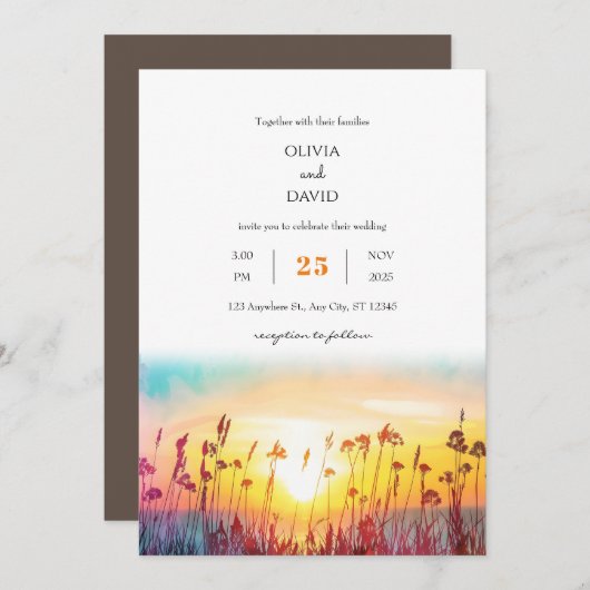 Gradient Sunset Silhouetten Kust Strand bruiloft Kaart (Voorkant / Achterkant)