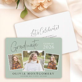 Graduate 3 Photo Modern Script Graduation Party Kaart