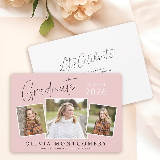 Graduate 3 Photo Modern Script Graduation Party Kaart
