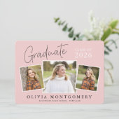 Graduate 3 Photo Modern Script Graduation Party Kaart (Staand voorkant)