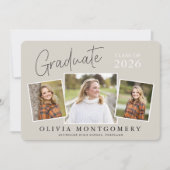 Graduate 3 Photo Modern Script Graduation Party Kaart (Voorkant)