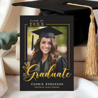 Graduate Black Gold Script Photo Graduation Aankondiging