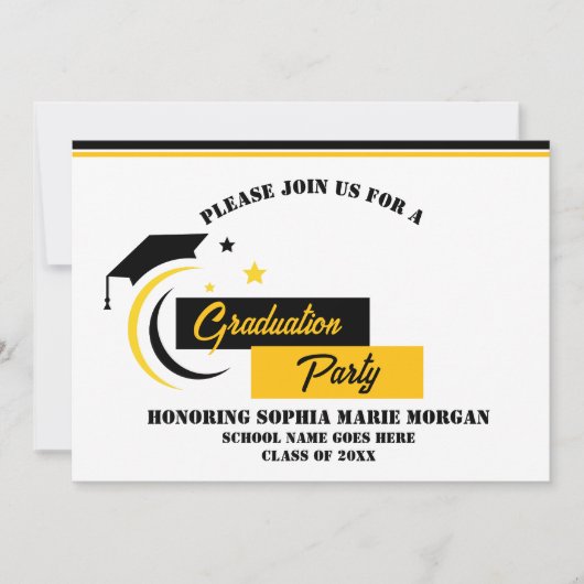 Graduate Jaune Noir Blanc Graduation Invitation (Devant)