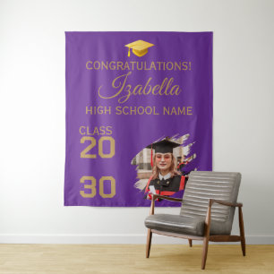 Graduate Paars Goud Schrift Afstudeerfeest Banden Wandkleed