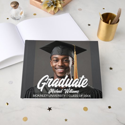 Graduate Photo with Bold Script Graduation Party Gastenboek (Voorkant open)