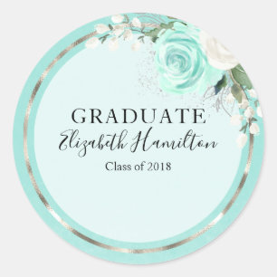 Graduate Turquoise & Folie Zilver Moderne Chic Blo Ronde Sticker