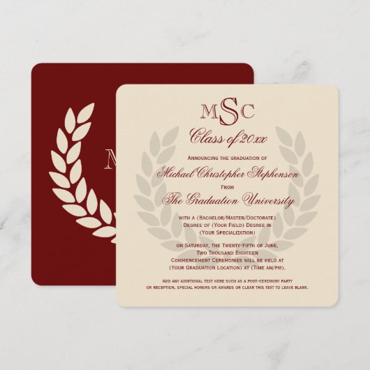 Graduatie van Monogram Square Classic Maroon Colle Kaart (Voorkant / Achterkant)