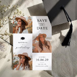 Graduation 3 Photo Enregistrer La Carte Date<br><div class="desc">Élégante graduation enregistrer les cartes de date exquis conçu pour présenter trois de vos photos préférées du diplômé,  magnifiquement inscrit avec le titre "enregistrer la date" et un grand casquette. Personnalisez ces cartes avec leur nom,  la date et l'emplacement.</div>