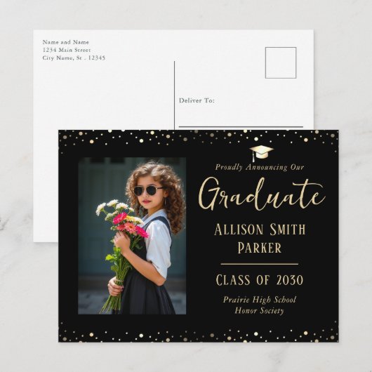 Graduation Announcement Black and Gold Photo Briefkaart (Voorkant / Achterkant)