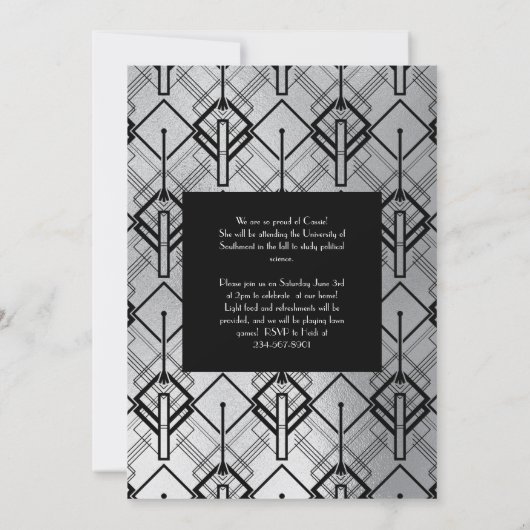 Graduation Argent Art Déco Faire-part Noir (Dos)