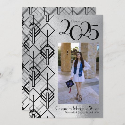 Graduation Argent Art Déco Faire-part Noir (Devant / Derrière)