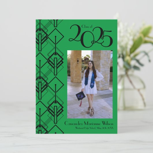 Graduation Art Déco Faire-part rouge noir (Debout devant)