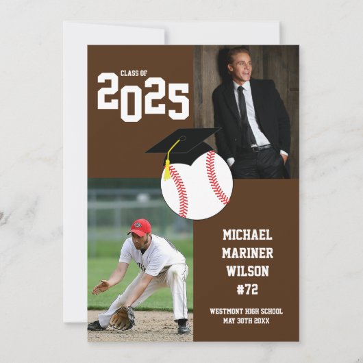 Graduation Baseball Sport Brown White Invitation (Devant)
