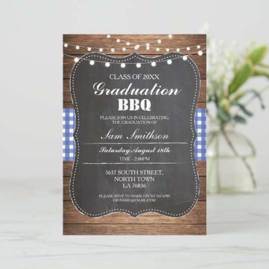Graduation BBQ Invitation Blue Rustic Chalk (Debout devant)