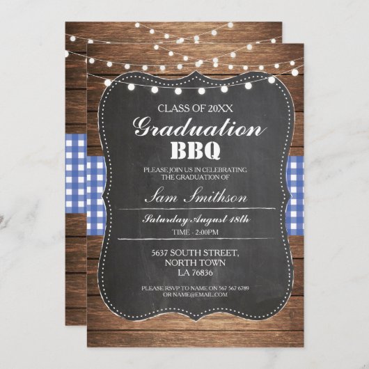 Graduation BBQ Invitation Blue Rustic Chalk (Devant / Derrière)