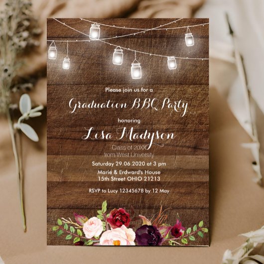 Graduation BBQ Invitation Wood Rustic Carte invita