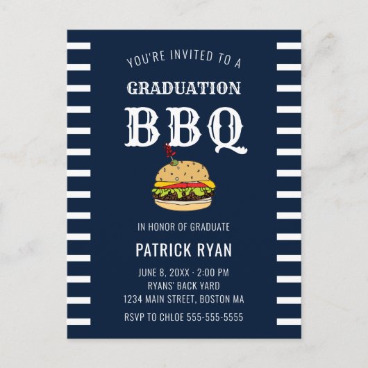 Graduation BBQ Party Bleu Blanc Blancs Invitation (Devant)