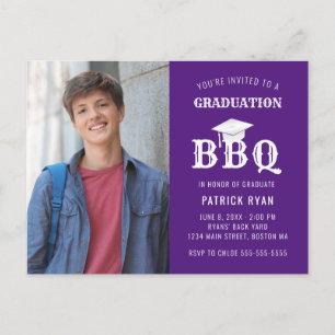 Graduation BBQ Party Purple White Photo Invitation