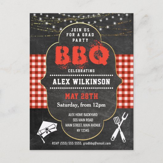 Graduation BBQ Party Rustic Chalkboard Invitation (Devant)