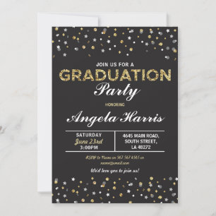 Graduation Black & Gold Invitation Stars Confetti